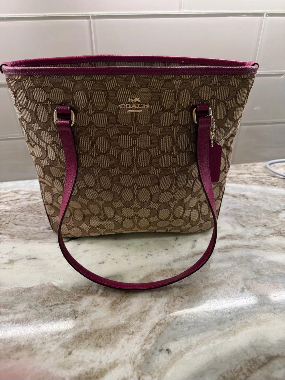 Coach Khaki Signature Canvas Tote with Berry Trim
